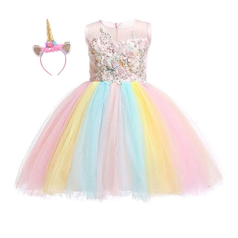 HIHCBF Halloween Costume Unicorn Birthday Dress Pageant Rainbow Party Tutu Dresses Flower Evening Gowns Carnival Dress Up Outfit Multicolored 8-9T - Image 1